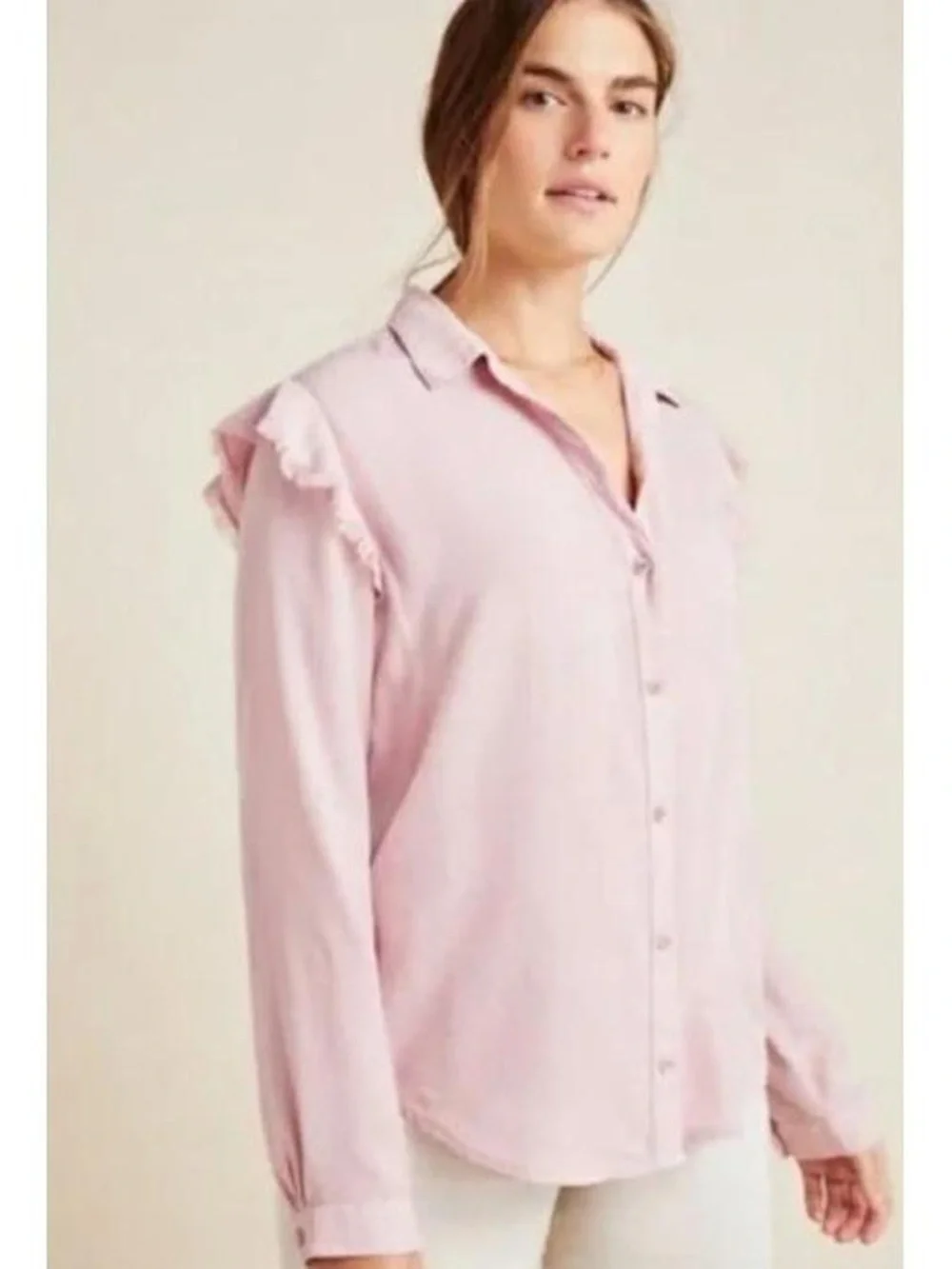 Cloth & Stone by Anthropologie Pink Frayed Ruffle Sleeve Top Size Small